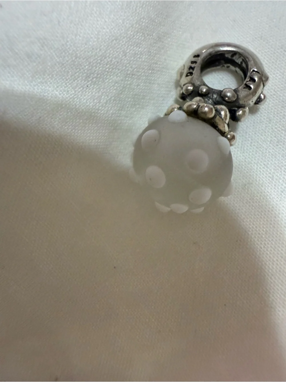 TrollBeads Silver  White Polka Dot Glass Drop Charm  “Winter”